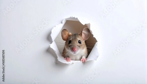 Fototapeta Small mouse curiously peeking through a hole in a white wall in a bright indoor environment