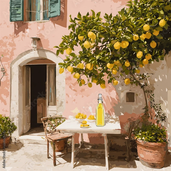 Fototapeta A sunlit Mediterranean courtyard with a lemon tree full of ripe fruit, a rustic table set with fresh lemons, and a tall bottle of olive oil. The image has a charming, vintage, Tuscan feel — ideal for 