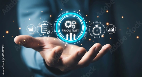 Fototapeta Digital transformation technology and business process icons floating above hand