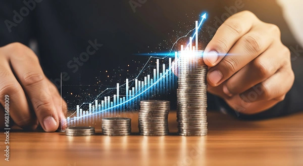 Fototapeta Fingers adjusting stacked coins with upward financial growth graph
