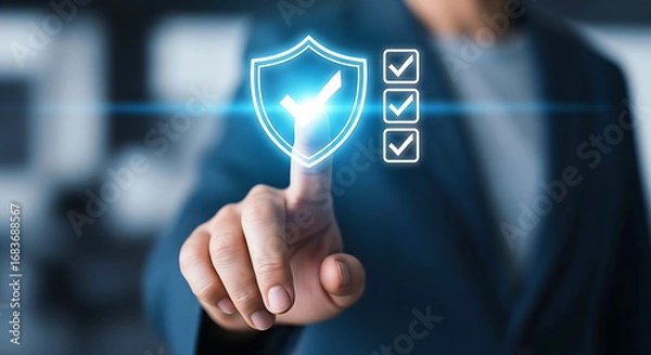 Fototapeta Person touching a glowing shield with checkmarks for security and compliance