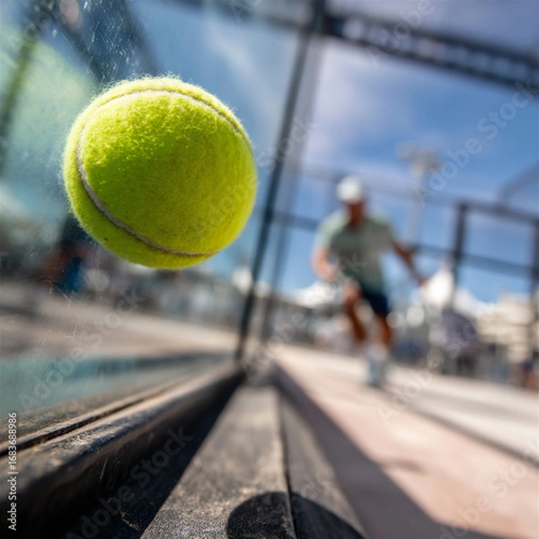 Obraz This action-packed close-up captures the dynamic moment when a padel ball strikes the glass wall during a game. The neon yellow ball is in sharp focus, while the background featuring the player is blu