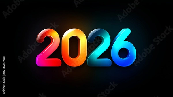 Fototapeta Leuchtende Zahl 2026 in bunten Neonfarben auf dunklem Hintergrund als futuristisches Neujahrsdesign