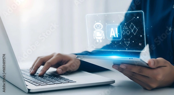 Fototapeta Man uses laptop and smartphone with futuristic digital interface