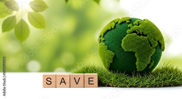 Fototapeta Green earth globe covered in moss with save blocks