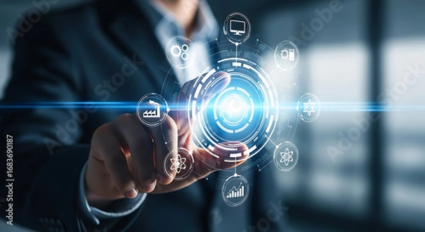 Fototapeta Futuristic technology interface with fingerprint scan