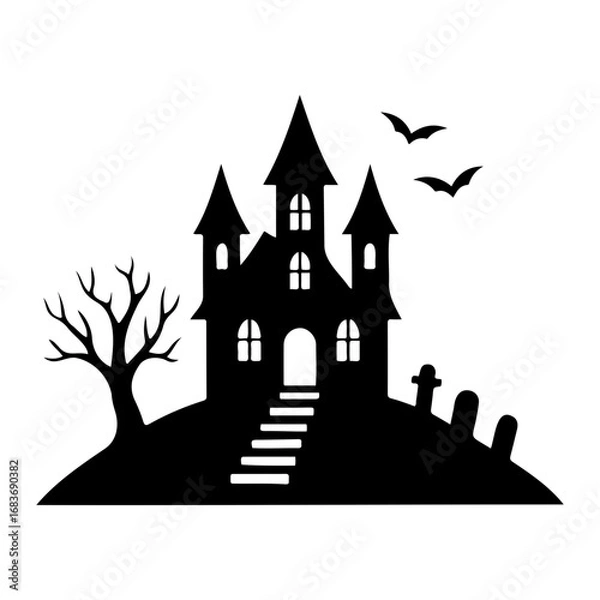 Fototapeta Silhouette of a haunted house on a hill with bats and tombstones in black and white