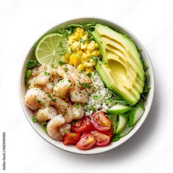Obraz A healthy and colorful shrimp salad bowl filled with grilled shrimp, fresh avocado slices, red onions, lime wedges, and a bed of greens. The image showcases freshness, nutrition, and gourmet simplicit