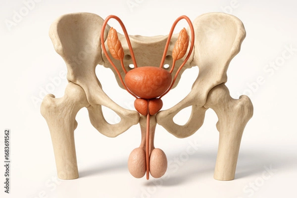 Fototapeta Male Reproductive System Anatomy Illustration showing bones, bladder, seminal vesicles, prostate gland, urethra, vas deferens, epididymis, and testicles