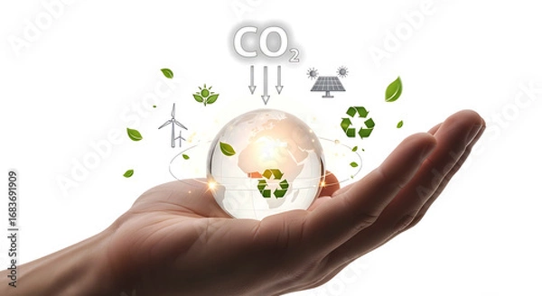 Fototapeta Hand holding a glowing orb with environmental icons and leaves