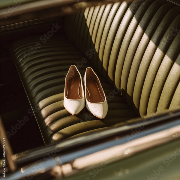 Fototapeta A pair of elegant white women’s shoes rest neatly on the olive green leather backseat of a vintage car. Warm sunlight casts soft shadows, creating a nostalgic and stylish fashion moment.