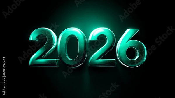 Fototapeta Glänzende 3D-Jahreszahl 2026 in grünen Metallic-Tönen vor schwarzem Hintergrund