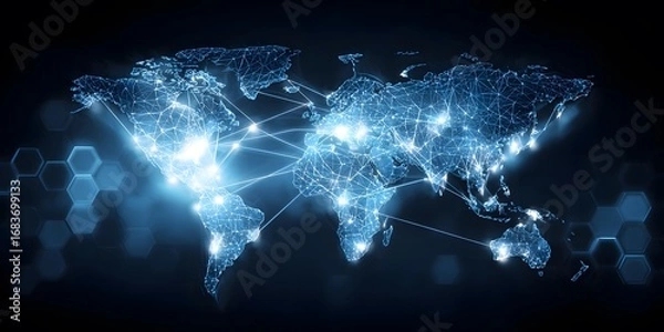 Fototapeta A blue world map with glowing connections between various global locations, symbolizing international network technology and connectivity.