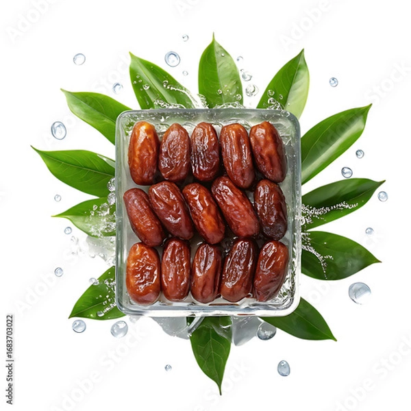 Fototapeta Healthy dried dates packed in clear plastic box surrounded by green leaves and water droplets isolated on transparent background