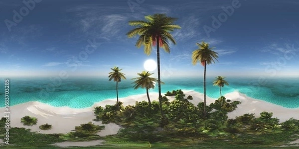 Obraz Tropical island with a palm tree at sunset. HDRI, environment map , Round panorama, spherical panorama, equidistant projection, panorama 360, seascape, 3d rendering.