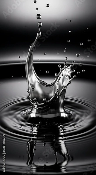 Fototapeta Liquid artistry, a silver droplet's dance creating rippled formations