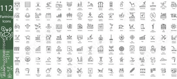 Fototapeta Agriculture Icon Set – Farming, Cultivation, Organic Food, Tractor, Greenhouse, Research, Soil, Irrigation, Harvest, Seeds, Smart Farming, Sustainability, Farm Tools, Bio Fertilizer, Crop Growth