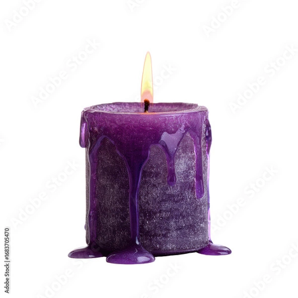 Fototapeta Purple candle with melting wax and flickering flame for relaxation on a transparent background, cut out.