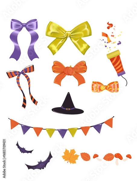 Obraz Halloween autumn elements set with coquette bow Halloween style, witch hat, fall leaves, bats, confetti, popper suit for seasonal advertising, banners, social media, prints.