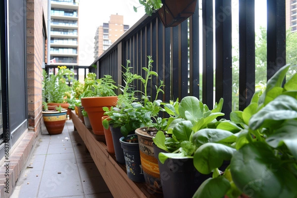 Fototapeta A ground-level shot of a variety of plants growing in terracotta pots and plastic containers on an apartment balcony