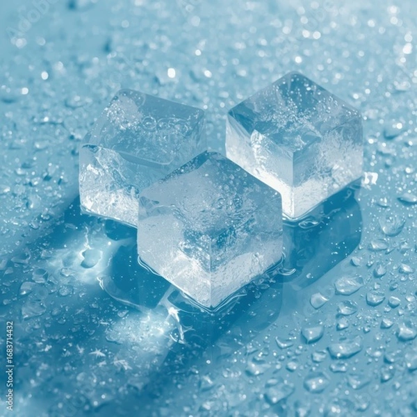 Fototapeta Melting three ice cubes on a blue background, meltwater from melting ice.