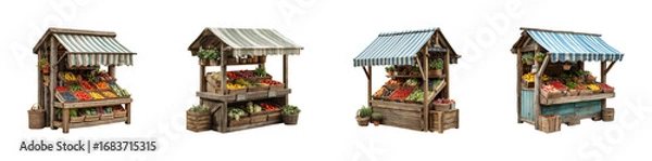 Obraz Vibrant farmers market stalls fresh produce aerial PNG set, cut out, isolated on transparent background