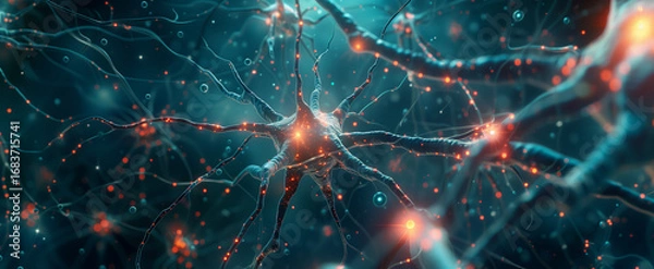 Fototapeta An abstract, close-up visualization of a digital neural network with a web of interconnected glowing neurons