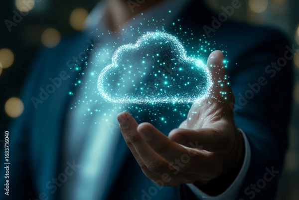 Fototapeta A person holding a glowing cloud made of particles in their hand in a dark blue suit jacket