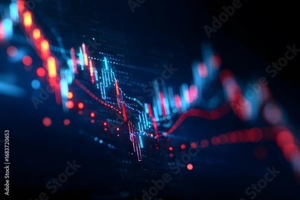 Fototapeta A stock market graph on a dark blue background with red and light blue lines, featuring glowing effects, high resolution, 