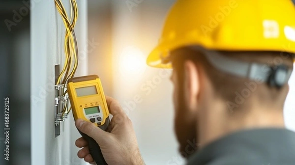 Obraz Close up of workman checking electrical wiring on construction site with multimeter, safety helmet visible in focus.