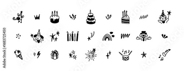 Fototapeta Set of cute line doodle kids birthday icons. Crown shape, explosion effect, ball bounce, music note and drum. Quirky whimsical childish tattoo set. Cake with candles. Twinkle, glitter crayon scribbles
