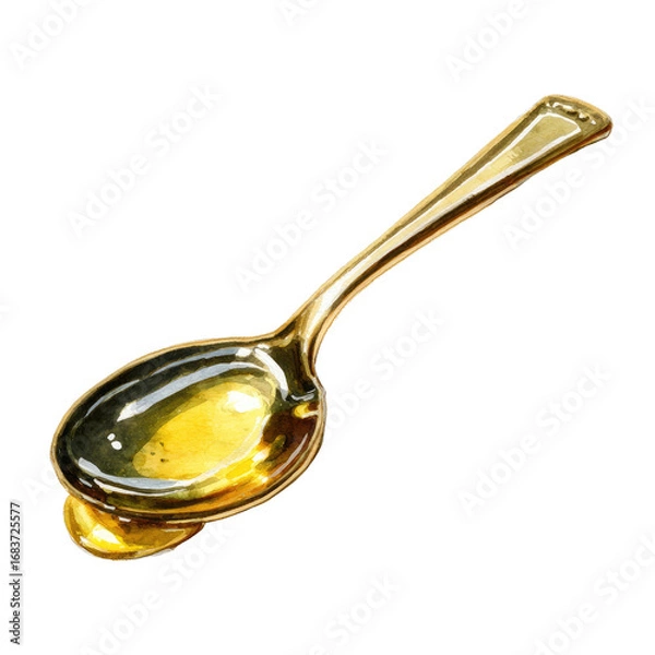 Fototapeta Golden spoon filled with amber liquid, drips slightly