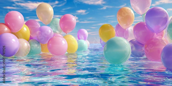 Fototapeta A pool filled with pastel-colored balloons floating on the water, creating an atmosphere of joy and celebration for summer-themed events or birthday celebrations