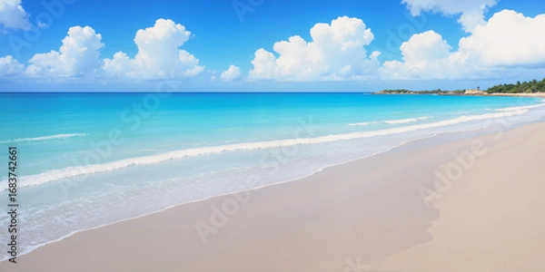 Fototapeta A sandy beach during the day with waves and a sky and clouds in the background. AI generated.