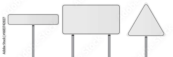 Fototapeta Road traffic signs of different shapes on metal poles vector illustration set. 3d realistic white blank street signboards. Isolated empty roadside signposts to notice information, danger, guide.