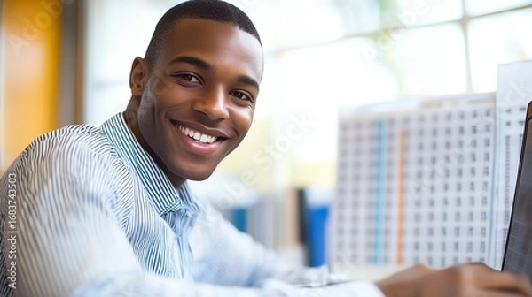 Fototapeta Man smiling while working on financial spreadsheet
