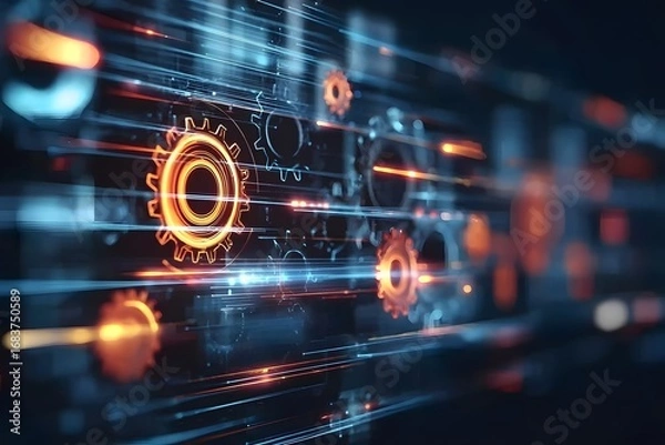 Fototapeta Digital technology background with gears and glowing lines, representing the concept of digital transformation in business or tech innovation