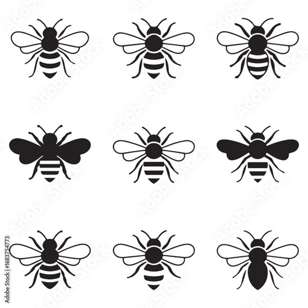 Obraz Set Bee icon. Vector concept illustration for design. Vector black silhouette. with white background