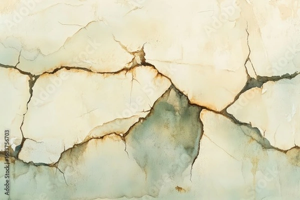 Fototapeta A serene and abstract design, featuring a light beige backdrop with intricate cracks and flowing muted green and brown hues.