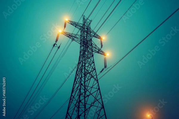 Fototapeta A low angle view of a power line tower against a teal sky with glowing connections at night time