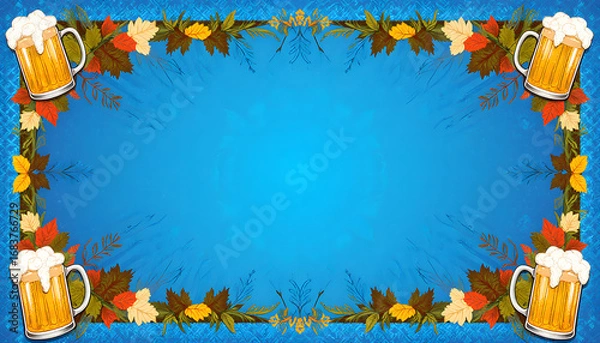 Fototapeta Beer mugs and autumn leaves frame on a blue background for Oktoberfest  