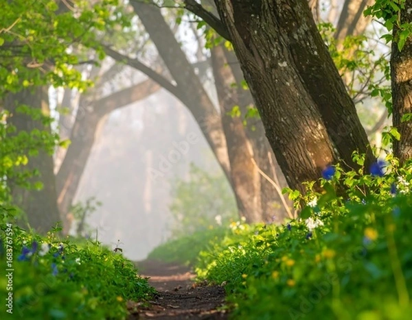 Fototapeta Misty forest path in spring