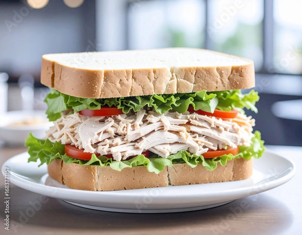 Obraz Um sanduiche natural feito de duas fatias de pão de forma, com alface, tomate, carne de frango desfiada, molho rose, servido em um prato branco sobre a mesa de uma lanchonete com fundo desfocado. 