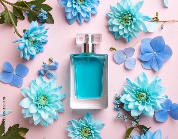 Obraz blue perfume bottle with flowers around it and a pink background 2