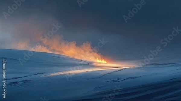 Fototapeta Dusk Volcanic Eruption Behind Snowy Hills with Fiery Glow