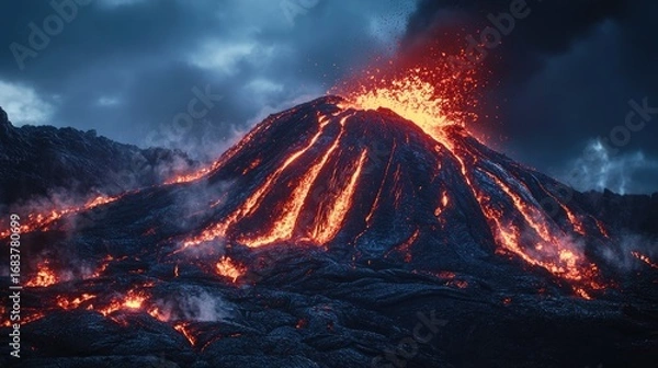 Fototapeta Spectacular Volcanic Eruption with Flowing Lava and Fiery Explosion