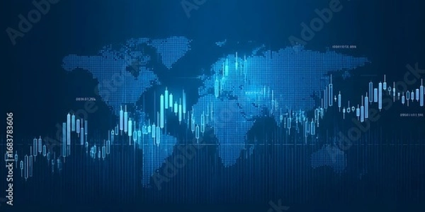 Fototapeta Blue stock market background with a world map and candlestick chart on a dark blue background, 
