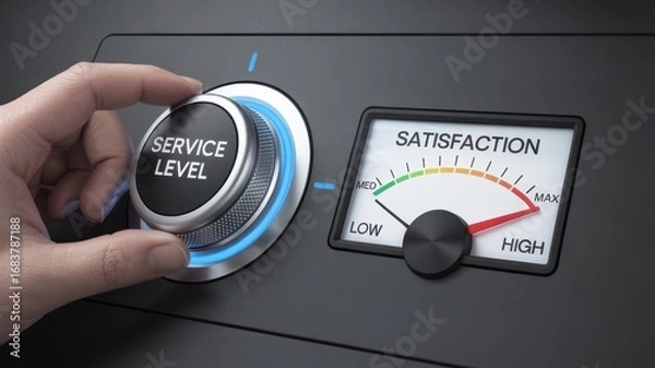 Obraz Closeup of a hand turning a dial to adjust the service level, with a satisfaction meter indicating high customer experience and quality