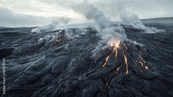 Fototapeta Active Volcano Eruption with Lava Flow and Smoke