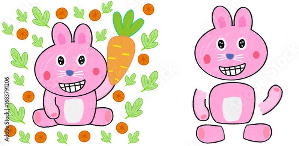 Fototapeta Hand-drawn colored pencil illustration of a cute pink bunny with carrots and leaves, plus a customizable bunny parts set. Perfect for DIY projects, stickers, kids’ crafts, 